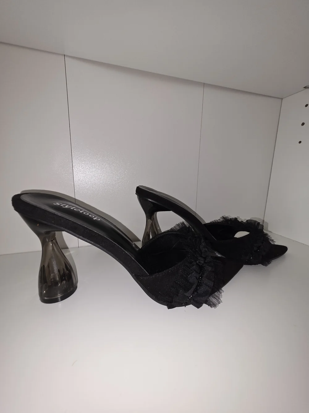Black Pointed Toe Ruffle Slide Heels - Picture 4 of 4